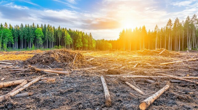 Vast deforestation clearing with felled trees and sunlight illuminating the devastated forest landscape