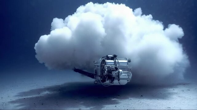 Underwater propeller creating bubbles in deep blue ocean water  