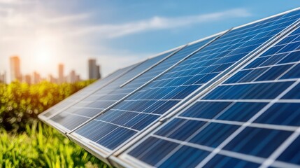 Fototapeta premium Solar panels generating renewable energy on a clear day with an urban skyline in the background