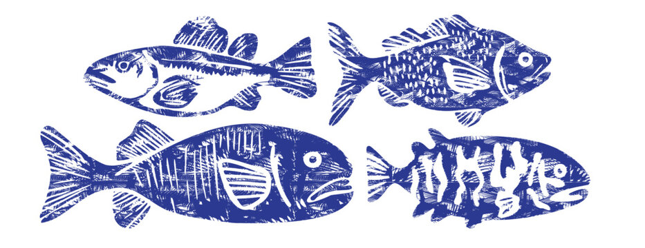 Blue linocut fish set: vintage woodcut vector illustrations of freshwater carp, perch and bass, nautical marine life in cobalt hand drawn ink stamp style for sea river folk art and design