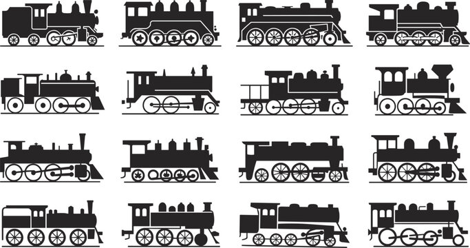 Black silhouette vintage steam engine train locomotive icons set for classic railway transportation vector design elements on white background isolated