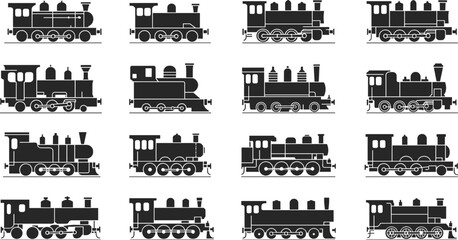 Set of vintage steam engine train silhouettes and locomotive icons for classic railway transportation vector design isolated on white background © MstMoheja