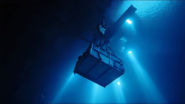Industrial lift transporting materials in a dark mine with blue lighting  