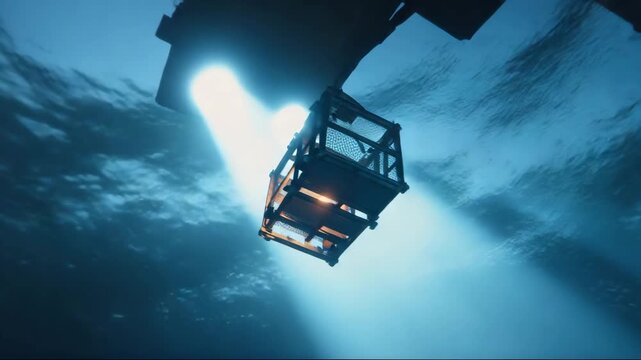 Underwater crate illuminated by blue lights in ocean depths  