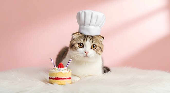 Kucing Scottish Fold yang lucu mengenakan topi koki duduk di sebelah kue stroberi.