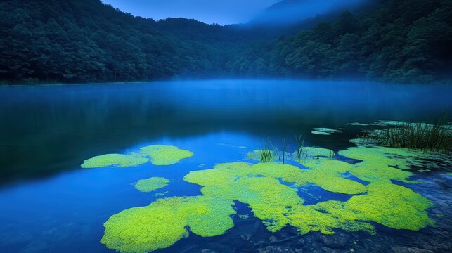 Vibrant toxic algae blooms glow in the evening light on a polluted pond with forest background