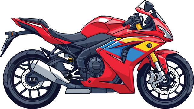 A vibrant red sport motorcycle with blue and yellow accents illustrated in a clean vector style