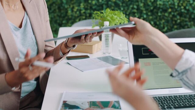 Creative, woman and talking with tablet screen in office, scroll and planning for pr campaign on web. Online, pitch and hands with tech for brand awareness, people and collaboration with publicist