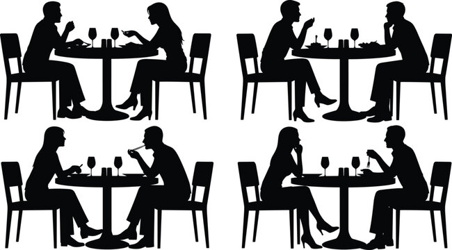 Couple Dinner Silhouettes Set Featuring Man and Woman Sitting at Restaurant Table Eating Food Drinking Wine and Talking for Romantic Date Night Vector Illustration