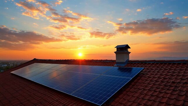 Solar panels on roof at sunset