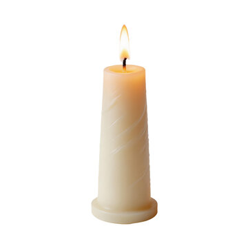 Single cream-colored paraffin wax pillar candle with a spiral embossed texture stands tall while burning with a steady orange flame against a plain white background.