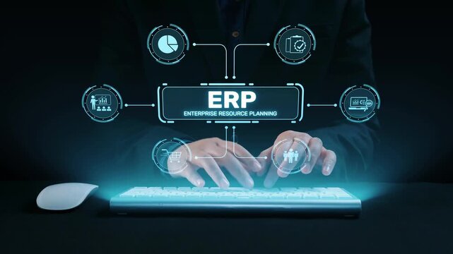 ERP platform visual showing centralized system for enterprise resource planning, improving integration, data flow, business efficiency, finance, inventory, and human resources. Elide