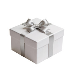 Fototapeta premium Elegant white gift box is decorated with a shimmering silver satin ribbon and a large decorative bow against a plain white background.