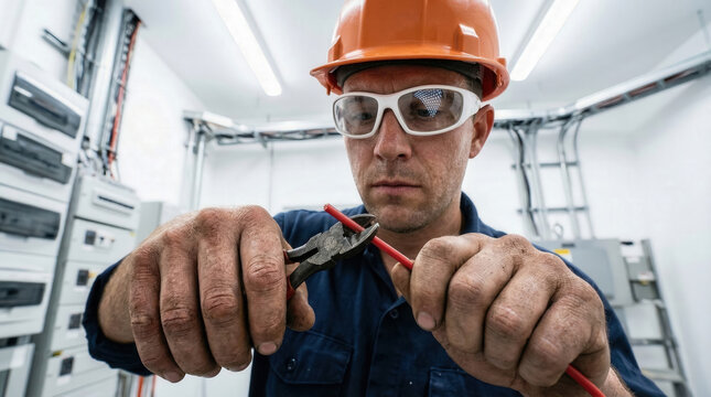 Portrait of a Caucasian male electrician in orange helmet and goggles. Professional worker cuts red wire with pliers in electrical room. Concept of technical service and safety.