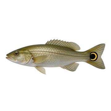Red drum fish, also known as a channel bass, features a distinctive black ocellus spot on its tail fin against a clean white background.
