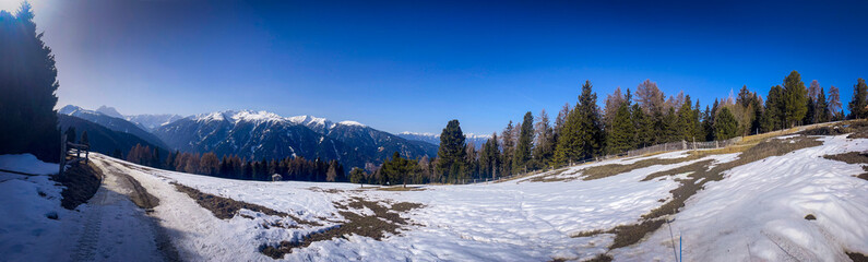 Panoramic winter landscape with melting snow, evergreen forest, and peaks under clear blue sky in...