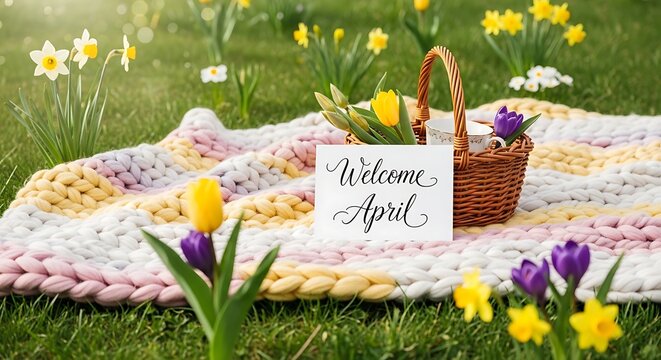 Welcome April spring picnic setup with handwritten chalkboard on floral blanket