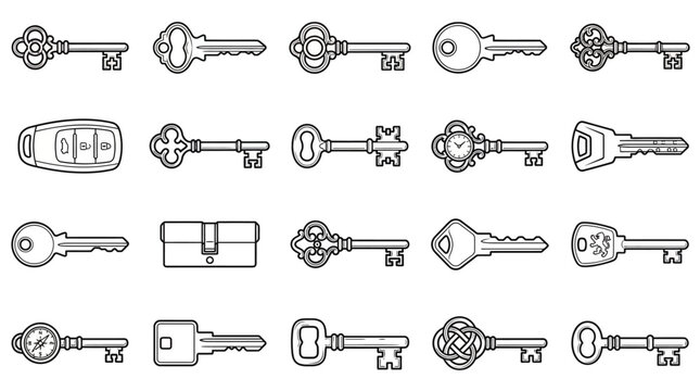 Stylized vector key icons in a clean outline design, perfect for illustrating concepts of access, protection, solutions, and security across various applications