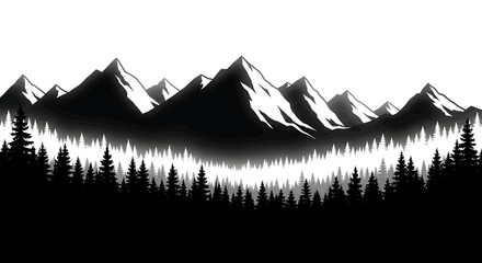 A majestic landscape featuring a dense coniferous forest situated before towering mountain peaks © Mamun