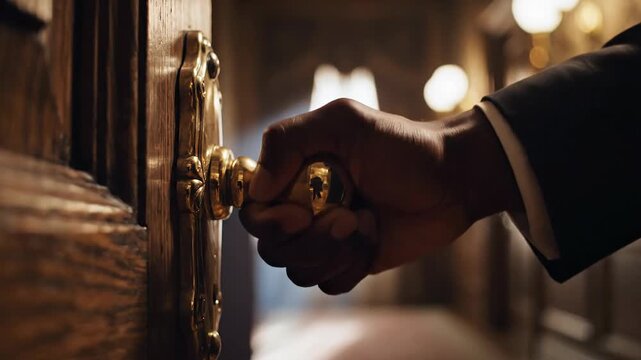 Man in Suit Opens Ornate Wooden Door with Golden Handle