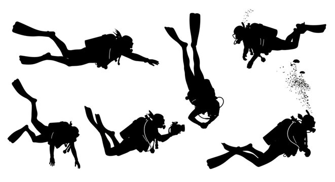 Scuba diver silhouettes, black diving and underwater swimming figures on white background