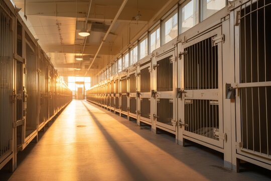 Empty animal shelter kennels and cages lining a long hallway, illuminated by golden hour sunlight