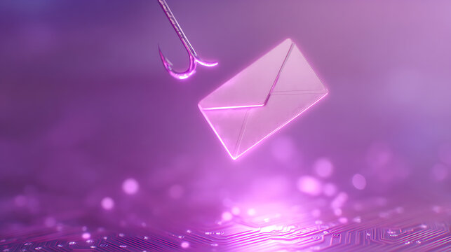 Abstract email phishing concept with a digital hook and glowing envelope, illustrating cyber security threat in a vibrant, futuristic style