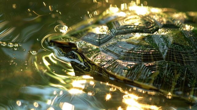 A turtle swims in sun-dappled water, showcasing its patterned shell and striped head