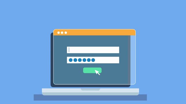Animated sequence of login form leading to success confirmation and cloud media dashboard with file, image, and video management interface on laptop.