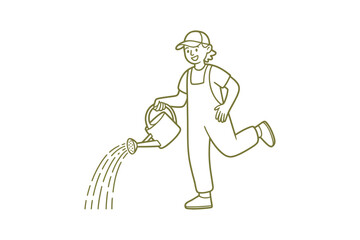 Obraz premium A smiling woman wearing overalls and a cap waters plants with a watering can