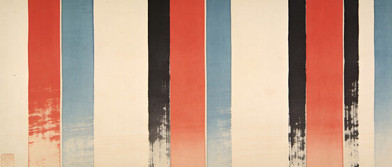 Fototapeta premium Abstract vertical stripes in red, blue, black, and cream with textured brushstrokes