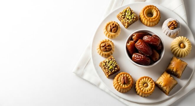 A high angle view of an assortment of traditional middle eastern cookies and dates on a white plate with empty space