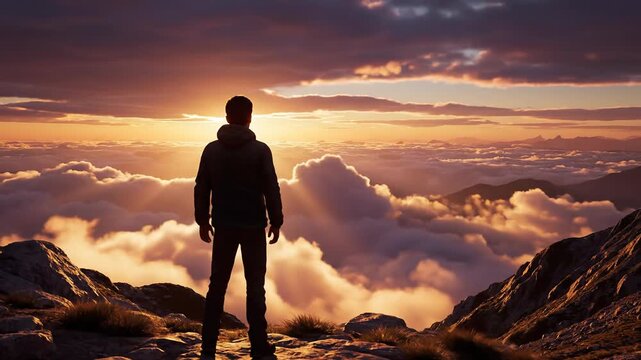 Man on mountain peak watching sunrise over clouds, epic adventure and freedom concept
