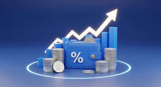 3D Financial Growth Render with Blue Wallet Percentage Sign Stacked Coins and Rising Upward Graph Arrow
