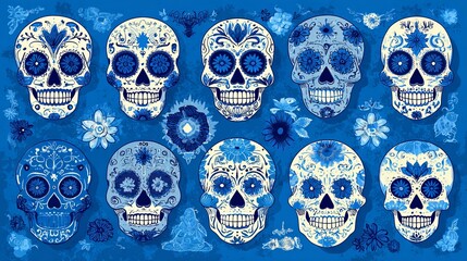Obraz premium Sugar skulls with blue backgrounds, often seen in Day of the Dead celebrations, can be used as design elements for logos, posters, and cards.