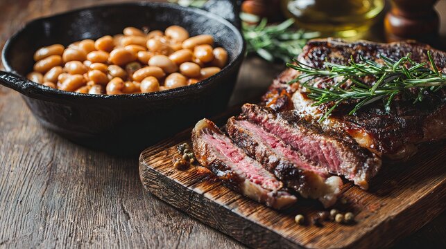 Rib eye steak, cooked medium rare, rests on a wooden board. White beans and rosemary are in a cast iron pan, all on a dark wood table.