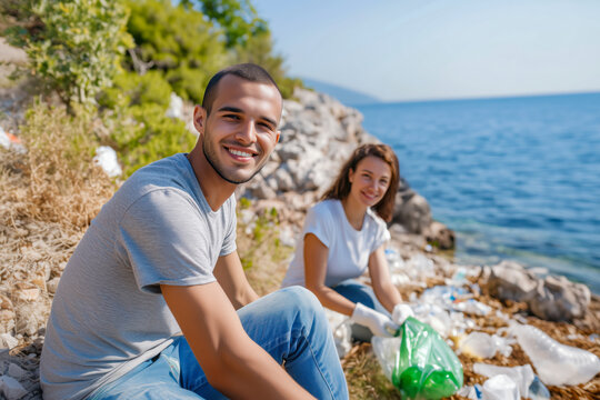 Portrait of smiling young Caucasian man and woman in white gloves picking up waste. Eco-conscious volunteers collect plastic on sandy ocean coast. Nature preservation concept. Copy space.