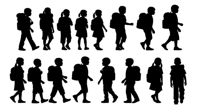 Silhouette Back-to-School: Group of Students with Backpacks Walking to School - Vector Illustration for Education, Childhood, and Community Projects