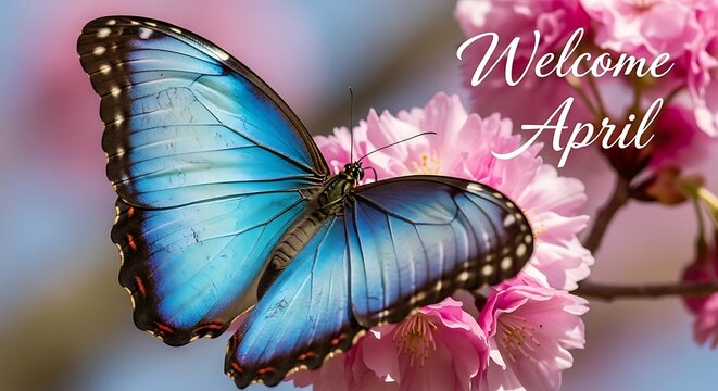 Blue morpho butterfly on pink cherry blossoms welcome april spring banner