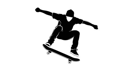 Fototapeta premium Dynamic Silhouette of a Skateboarder Performing a Trick: Energy, Youth, and Urban Culture in Bold Black and White, Perfect for Sport Branding and Design Projects