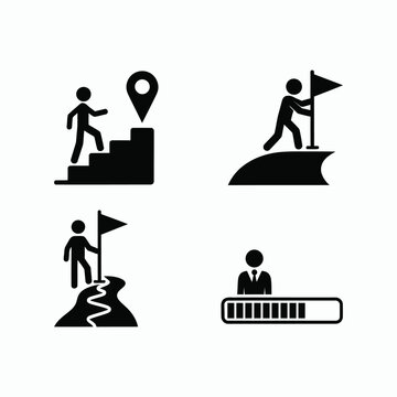Silhouette icons of people achieving goals and navigating through challenges