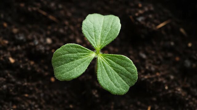 Young green plant seedling growing in rich soil closeup