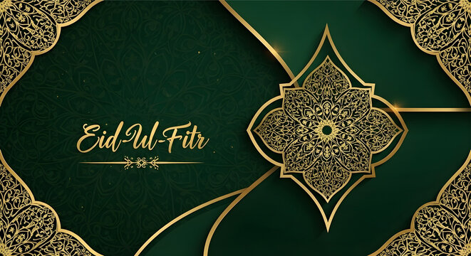 Elegant Eid Ul Fitr Background with Golden Mandala Islamic Pattern Luxury Green Ramadan Kareem Design