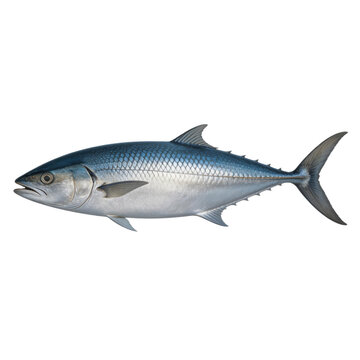 King mackerel fish swimming horizontally shows its iridescent silver scales and blue dorsal area against a clean white background.