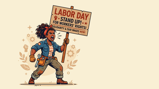 Man holding Labor Day protest sign.