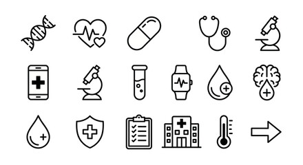 Line-style web icons for digital health and biotechnology systems. DNA strands, heartbeats, and medical sensors collection. Clean vector illustration for health apps, biotech dashboards, and medical b © VectorGomes