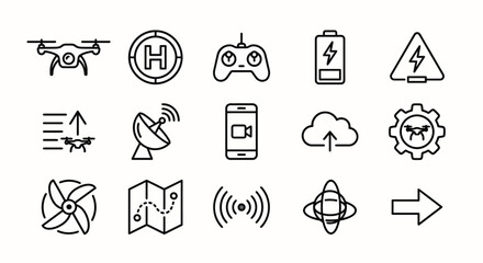 Line-style web icons for drone fleet management and aerial survey systems. Quadcopters, telemetry, and landing pad symbols collection. Clean vector illustration for pilot apps, surveillance dashboards © VectorGomes