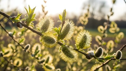 Fototapeta premium A vibrant close-up of fuzzy yellow pussy willow catkins and fresh green buds on branches. Captured in a natural setting with warm, golden hour sunlight and a soft bokeh background.