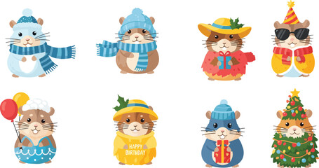 Obraz premium Cute Hamster Cartoon Characters Set with Seasonal Outfits, Christmas Tree, Birthday Costume, Winter Clothes, and Fun Mascot Designs for Kids Illustration