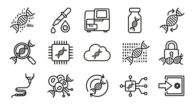 Line-style web icons for DNA data storage and bio-computing systems. Molecular helices, sequencers, and bio-archiving symbols collection. Clean vector illustration for biotech apps, futuristic data da